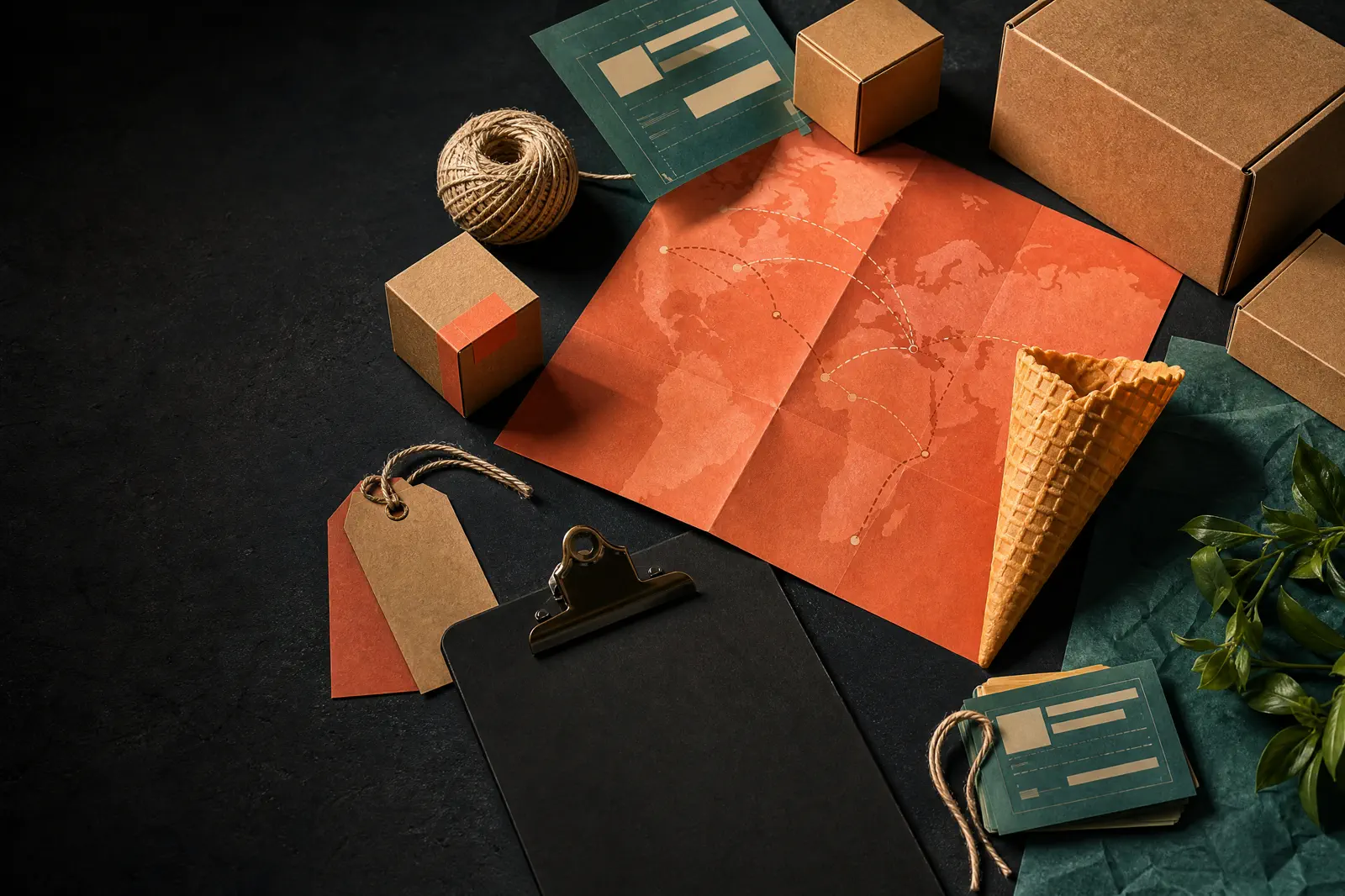 Cone sourcing materials and shipping samples arranged on a dark surface